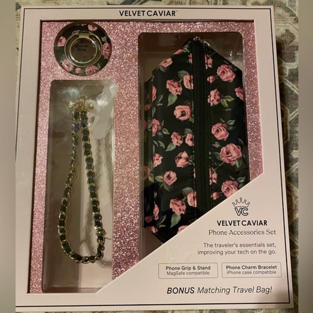 Velvet Caviar Pink Rose Black Phone Accessories Set